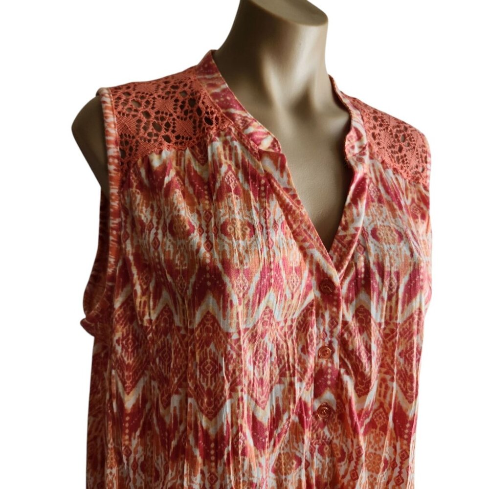 Summer Sleeveless Orange Geometric White Print Crochet Boho Hippie Top Size 1X - Picture 6 of 8